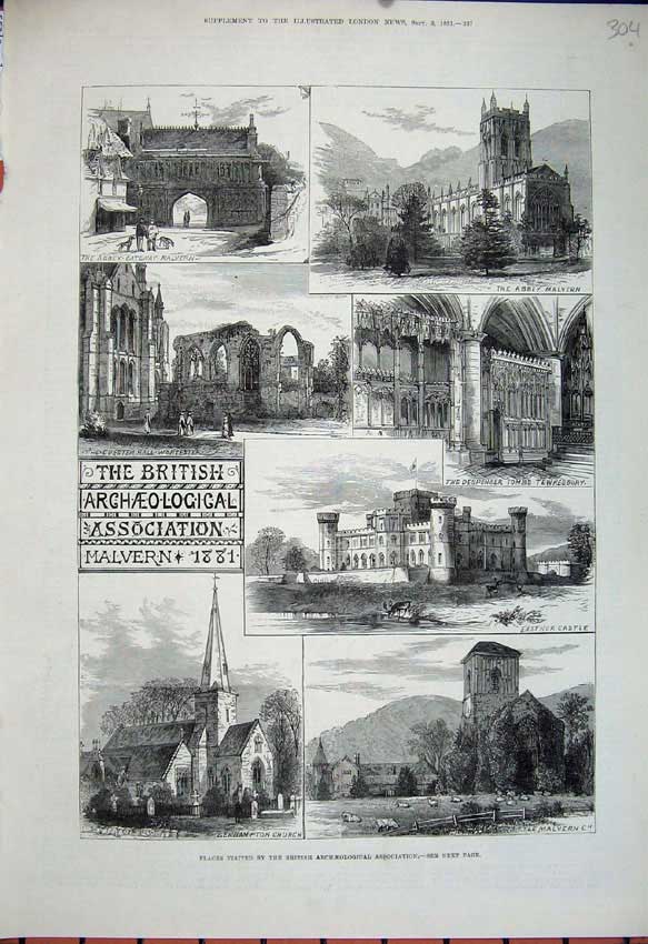Old Antique Print 1881 Eastnor Castle Abbey Malvern Leahampton Church Art 19th