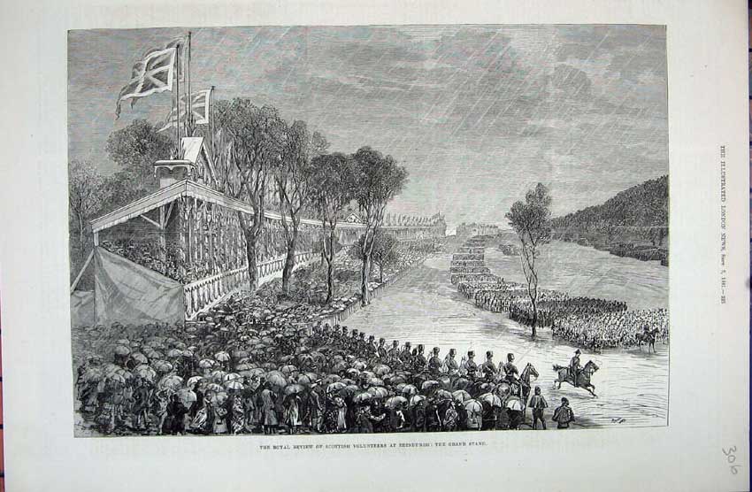 Old Antique Print 1881 Royal Review Scottish Volunteers Edinburgh Ta Army 19th