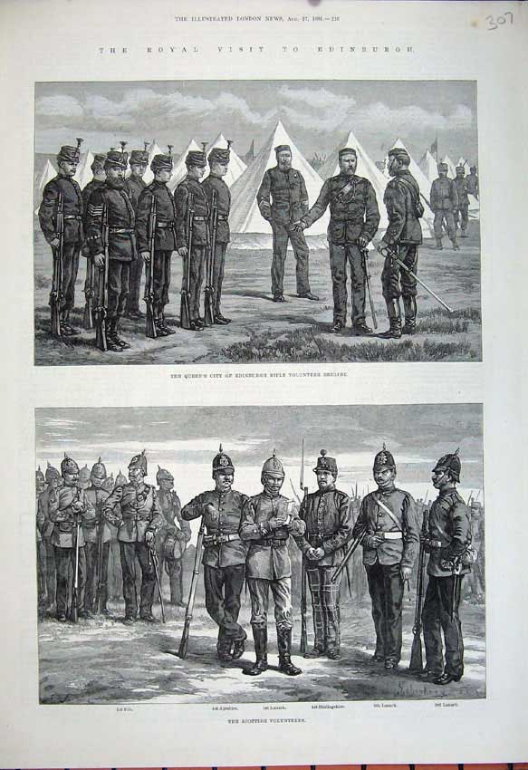 Original Old Antique Print 1881 Edinburgh Rifle Volunteer Brigade Army War Sier