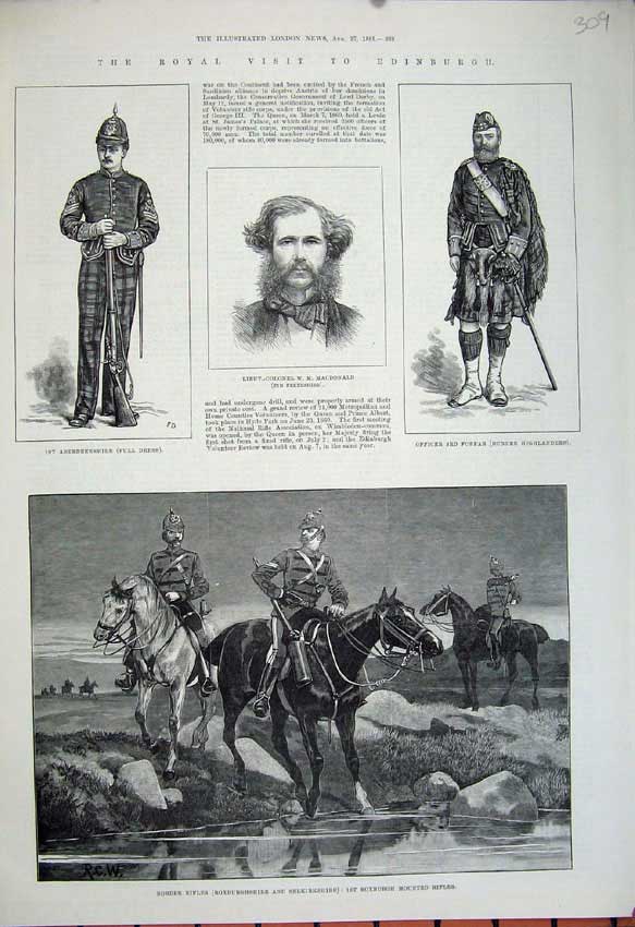 Old Antique Print Edinburgh 1881 Border Rifles Roxburgh Army Forfar Kilt 19th