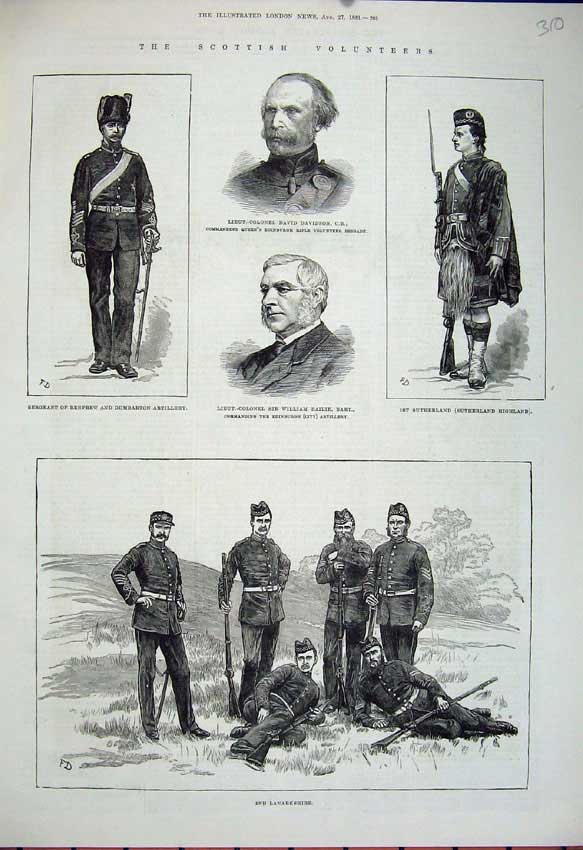 Old Antique Print 1881 Scottish Ta Volunteers Lanarkshire Army War Kilts 19th