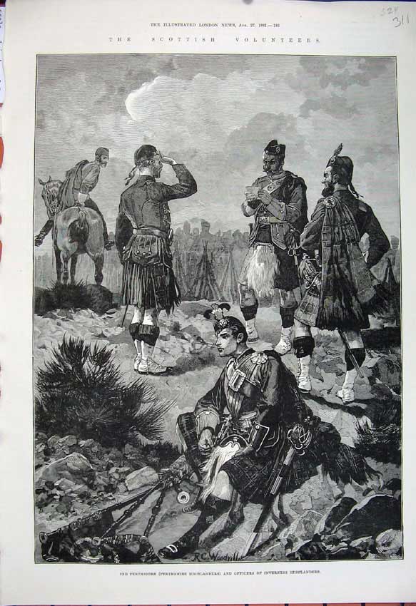 Old Antique Print 1881 Fine Art Perthshire Army Inverness Highlanders War 19th
