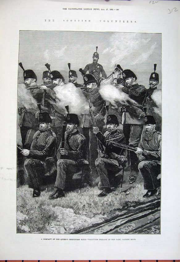 Old Antique Print 1881 Queen'S Edinburgh Rifle Volunteers Ta Army Lanark 19th