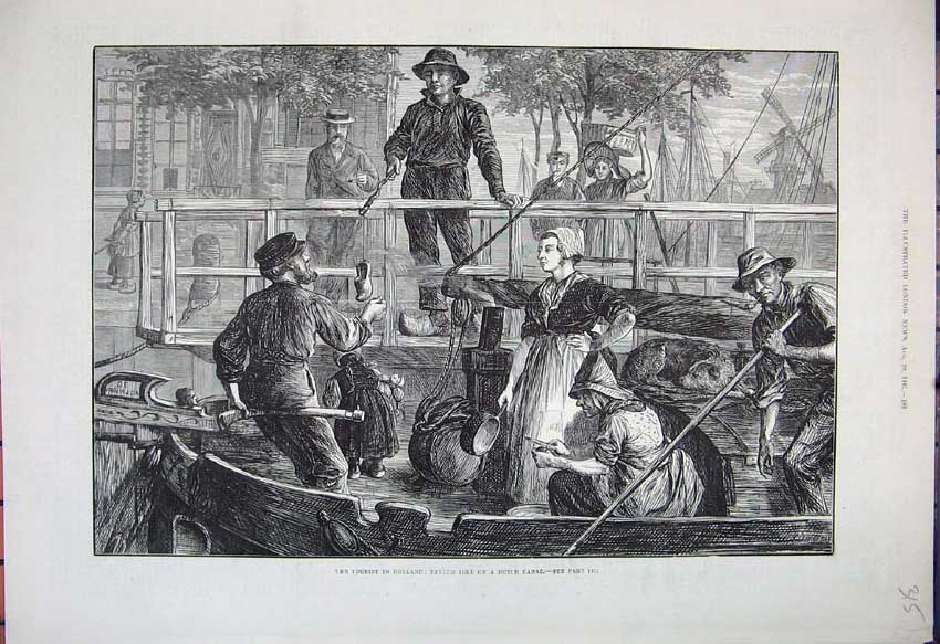 Original Old Antique Print 1881 Holland Dutch Canal Boat Dog Tourist Fine Art