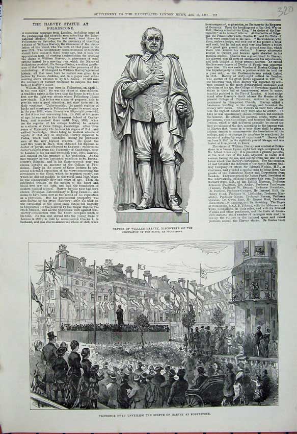 Original Old Antique Print Statue William Harvey 1881 Folkestone Professor Owen