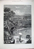 Old Antique Print 1881 Sea Boats Women Men Washing Hills Trees Fine Art 19th