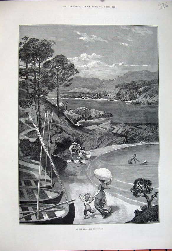 Old Antique Print 1881 Sea Boats Women Men Washing Hills Trees Fine Art 19th