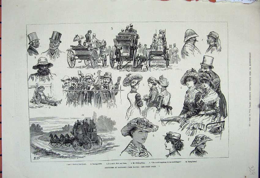 Original Old Antique Print 1881 Sandown Park Horse Races Sport Carriage 19th