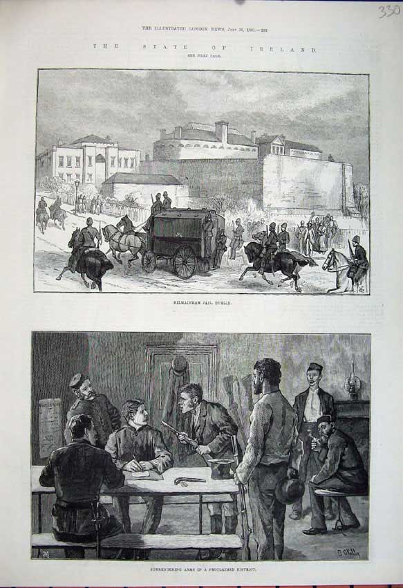 Original Old Antique Print Ireland 1881 Kilmainham Jail Dublin Weapons Men 19th
