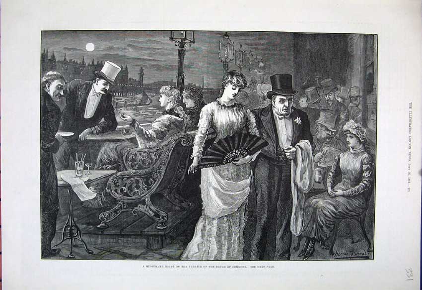Original Old Antique Print 1881 Moonlight Terrace House Commons Men Women Art