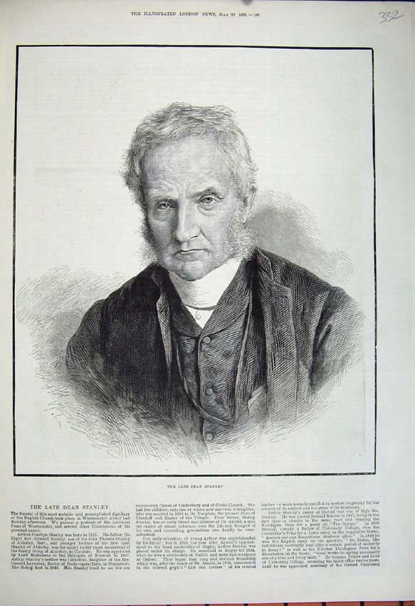 Original Old Antique Print 1881 Portrait Dean Arthur Penrhyn Stanley Man 19th