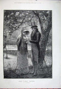 Old Antique Print 1881 Fine Art Man Woman Romance River Swans Bird Trees 19th