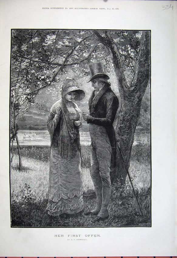 Old Antique Print 1881 Fine Art Man Woman Romance River Swans Bird Trees 19th