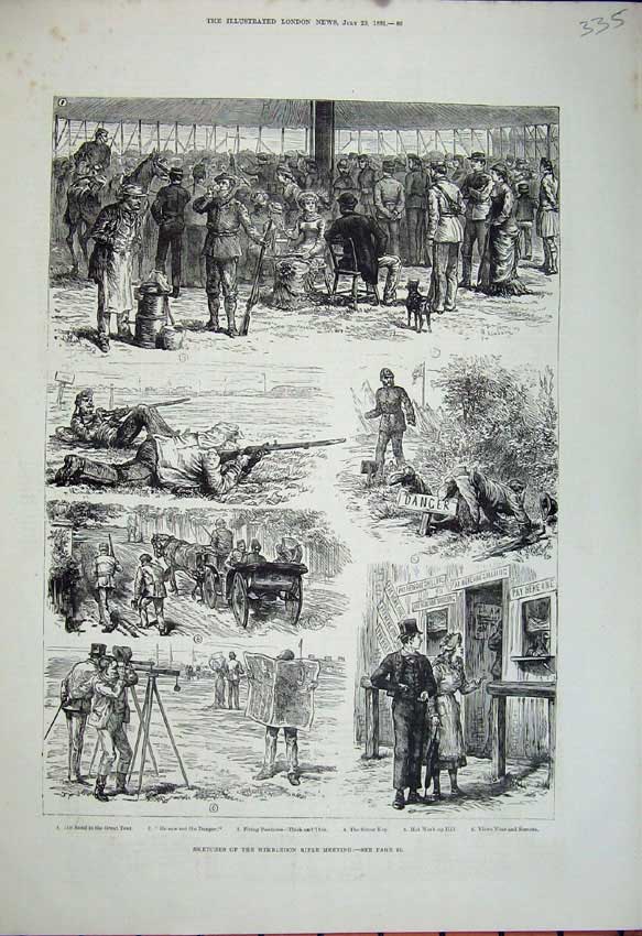 Original Old Antique Print 1881 Wimbledon Rifle Meeting Shooting Policeman 19th