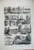 Original Old Antique Print 1881 Derby Chatsworth Bridge Dale Abbey Haddon Hall