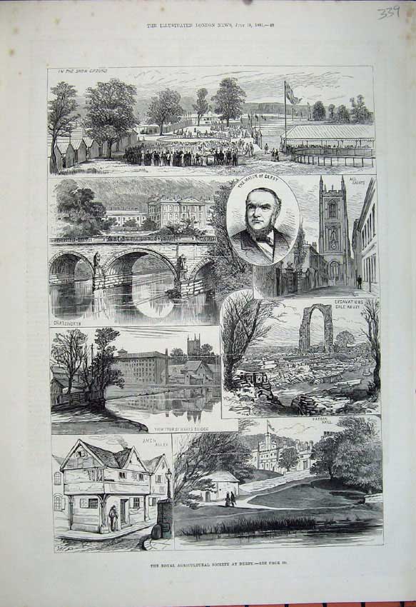 Original Old Antique Print 1881 Derby Chatsworth Bridge Dale Abbey Haddon Hall