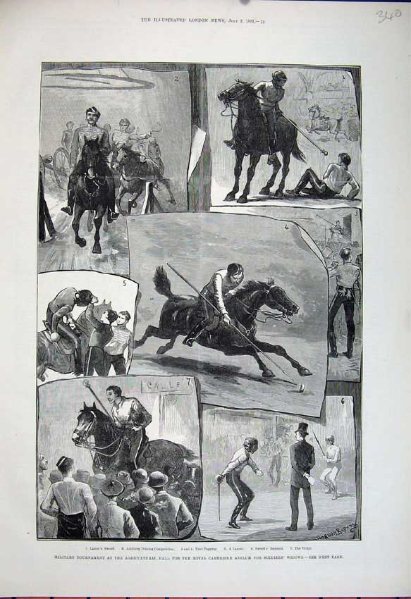 Old Antique Print 1881 Military Tournament Cambridge Asylum Horses Sword 19th