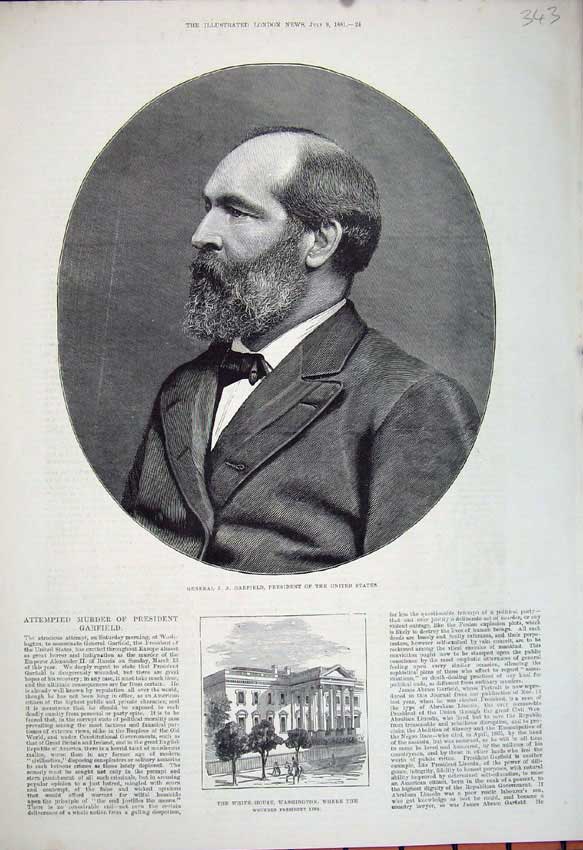 Old Antique Print 1881 General Garfield President White House Washington 19th