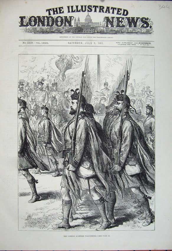 Original Old Antique Print 1881 London Scottish Ta Army Volunteers Kilts War