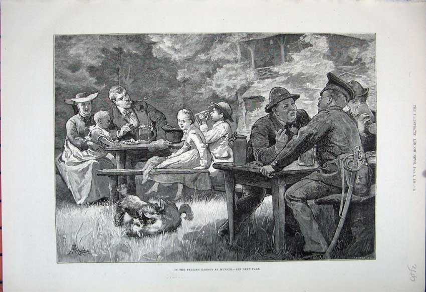 Original Old Antique Print 1881 English Garden Munich Families Dog Picnic Trees
