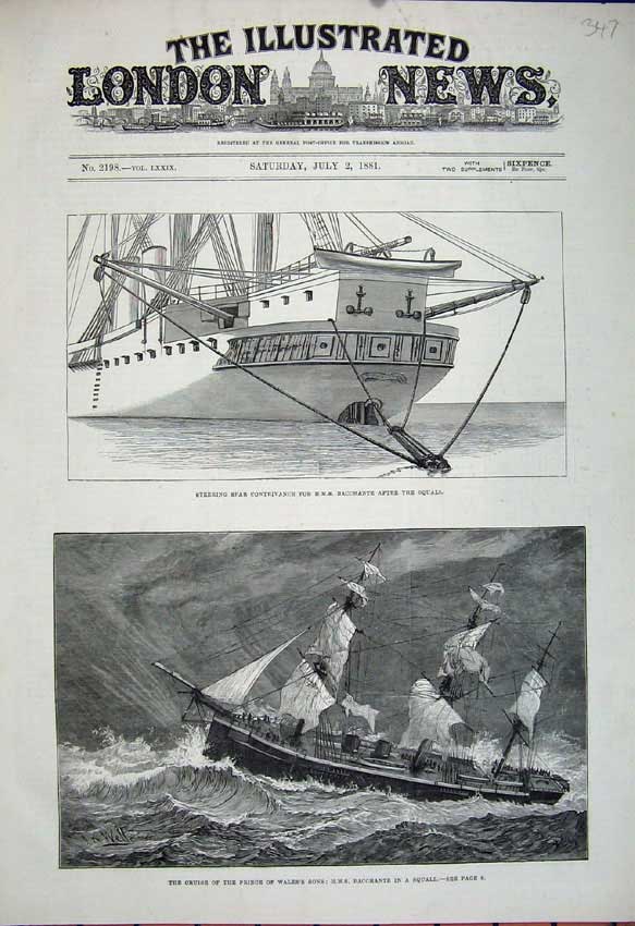 Old Antique Print 1881 H.M.S Ship Bacchante Prince Wales Contrivance Sea 19th