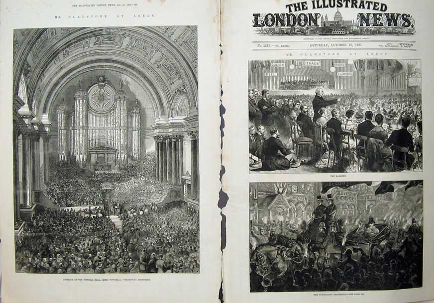 Old Antique Print 1881 Gladstone Leeds Victoria Hall Banquet Procession 19th