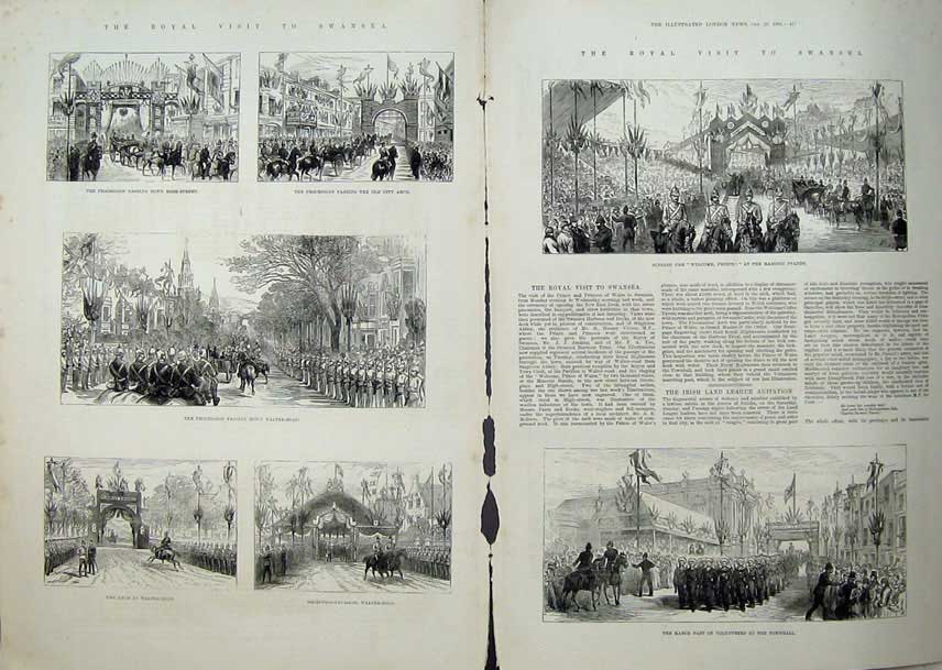 Original Old Antique Print Swansea 1881 Prince Townhall Arch Walter Army Siers
