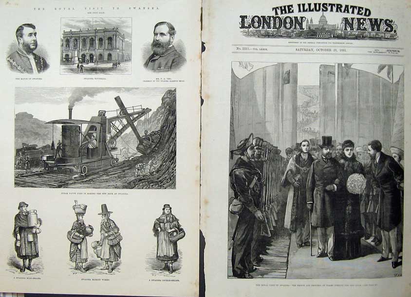 Old Antique Print 1881 Swansea Prince Wales Dock Steam Train Mayor Yeo 19th