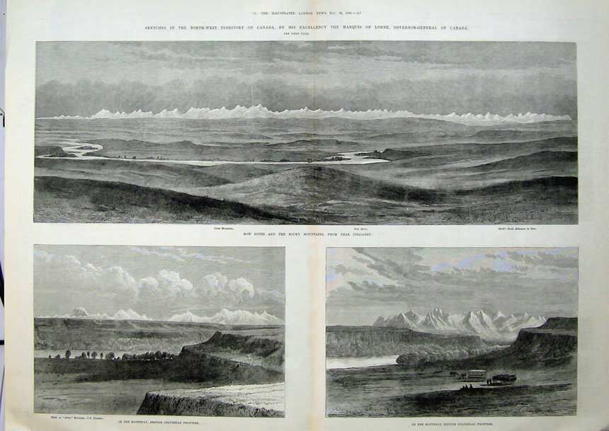 Old Antique Print Canada 1881 Bow River Rocky Mountains Kootenay British 19th