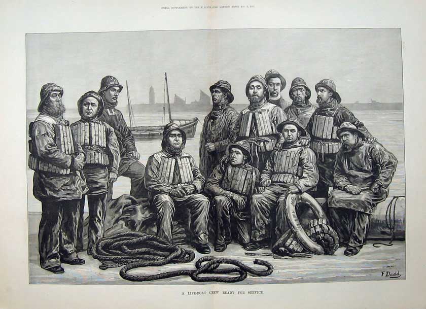 Antique Old Print Men Uniform Life-Boat Crew 1881 Ropes Sea Dadd Fine Art 19th