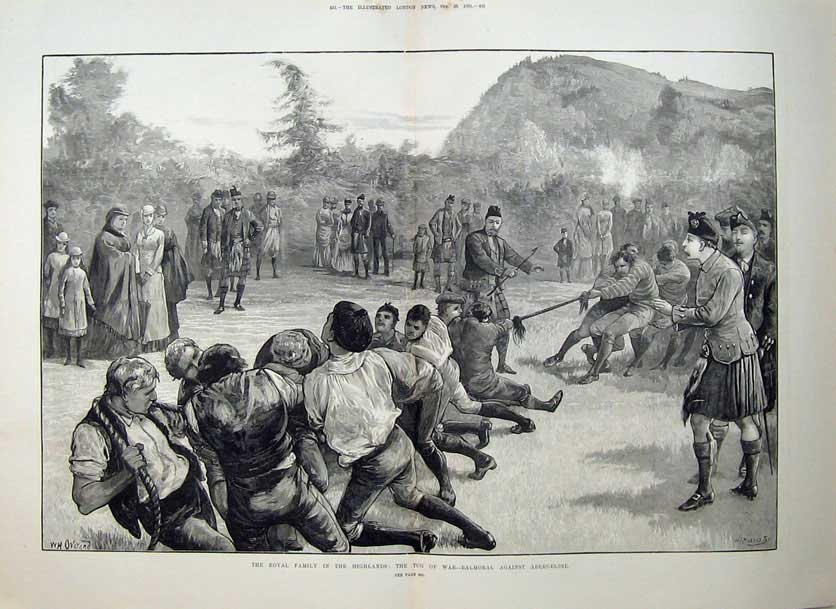 Old Antique Print 1881 Royal Highlands Scotland Tug-Of-War Balmoral Art 19th