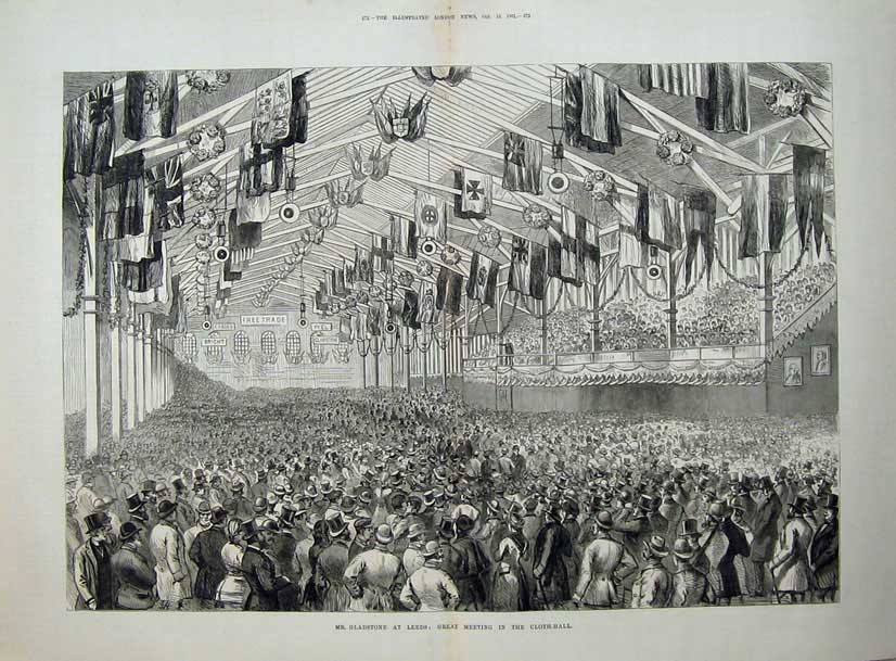 Old Antique Print 1881 Mr Gladstone Leeds Meeting Cloth Hall Free-Trade 19th