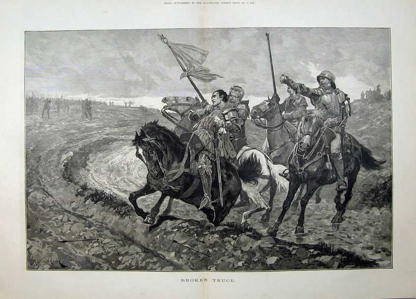 Original Old Antique Print 1881 War Knights Armour Horses Battle Woodville