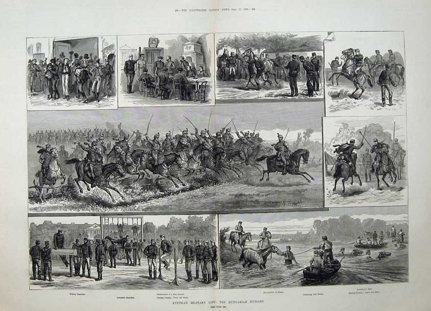 Antique Old Print 1881 Austrian Military Hungarian Hussars War Horses Art 19th