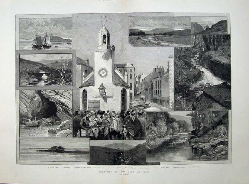 Antique Old Print 1881 Isle Man Snaefell Mountain Cave Poolvash River Art 19th