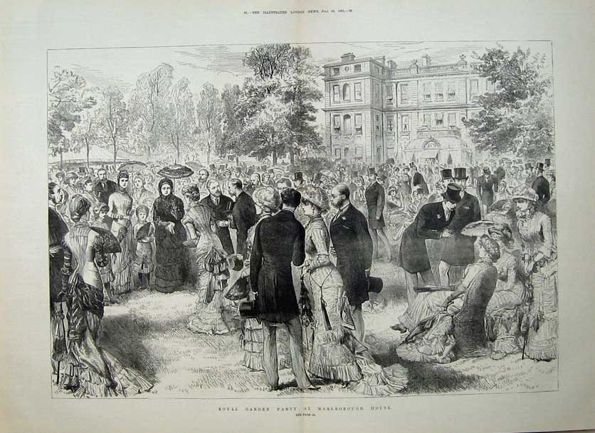 Original Old Antique Print 1881 Royal Garden Party Marlborough House Mansion