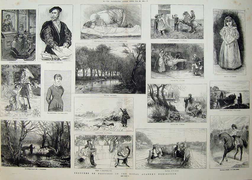 Old Antique Print 1881 Country Scene Royal Academy Exhibition Horse Lake 19th