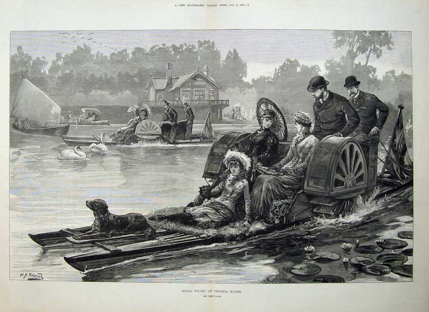 Old Antique Print 1881 Fine Art Royal Picnic Virginia Water River Boats 19th