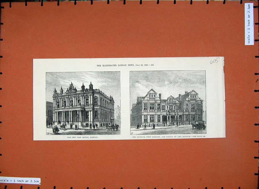 Old Antique Print 1881 New Post Office Ipswich Museum Library School Art 19th