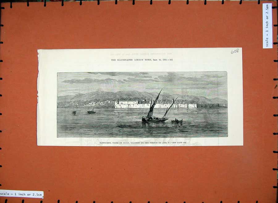 Old Antique Print 1881 Hammamet Coast Tunis War Fort Mountains Boats Art 19th