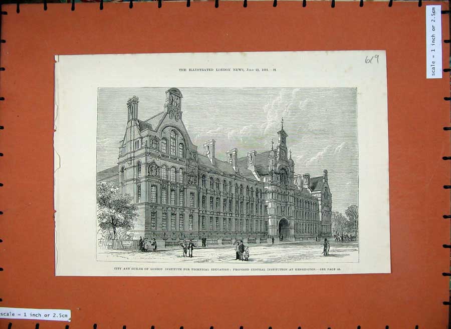 Old Antique Print City Guilds London Institute Technical Education 1881 19th