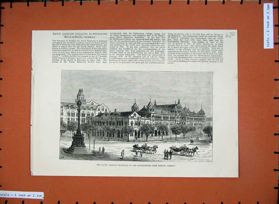 Original Old Antique Print 1881 David Sasson Building Elphinstone School Bombay