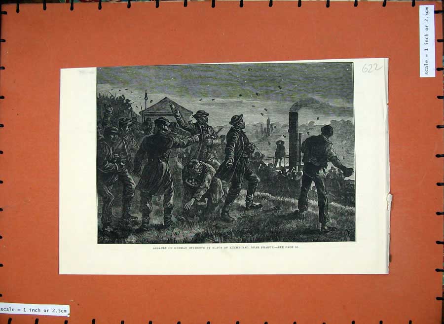 Old Antique Print 1881 Assault German Students Slavs Kuchelbad Prague War 19th