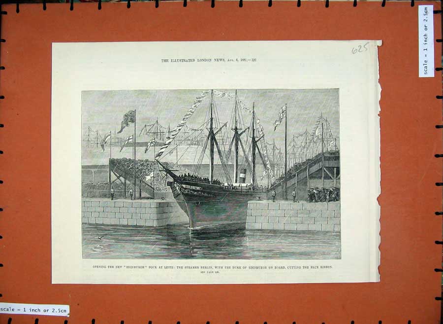 Original Old Antique Print 1881 Edinburgh Dock Leith Steamer Berlin Duke Ribbon