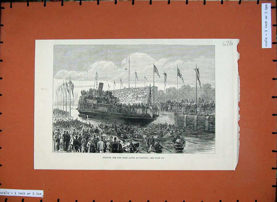 Original Old Antique Print 1881 Opening New Dock Gates Ipswich Sailing Ship