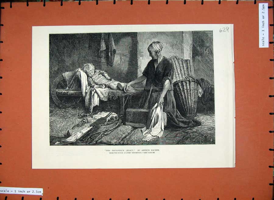 Original Old Antique Print 1881 Fine Art Woman Sleeping Little Girl Hacker 19th