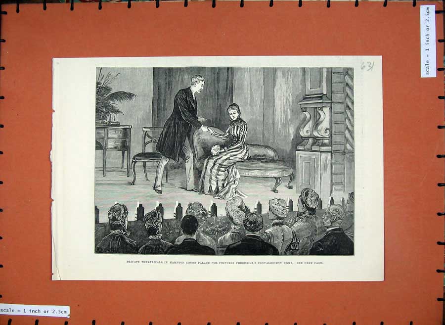 Original Old Antique Print 1881 Theatre Hampton Court Palace Convalescent Home
