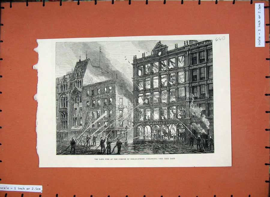 Original Old Antique Print 1881 Fire Corner Bread Street Cheapside Building Art