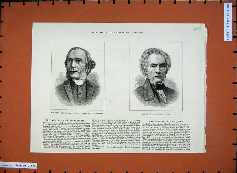 Old Antique Print 1881 Portrait Rev Bradley Dean Westminster Billing Men 19th