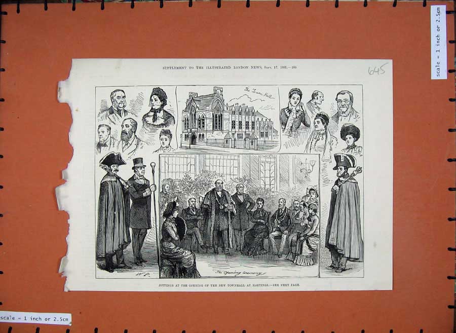 Original Old Antique Print 1881 People Opening New Townhall Hastings Buildings
